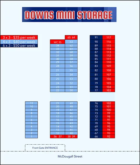 Site layout map of the Downs Mini Storage facility